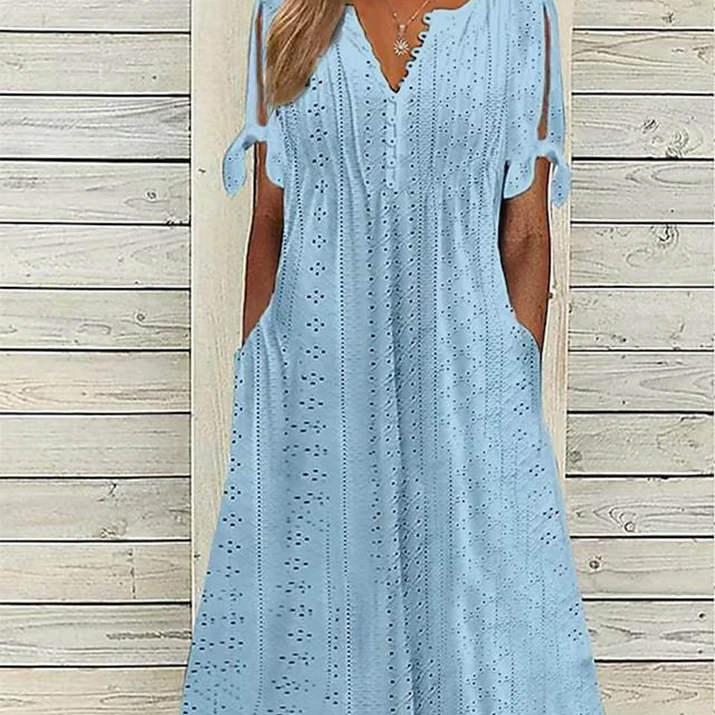 💃Women's Elegant V-Neck Hollow-Out Solid Dress - Image 11