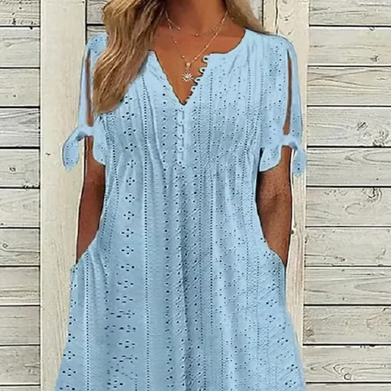 💃Women's Elegant V-Neck Hollow-Out Solid Dress - Image 4