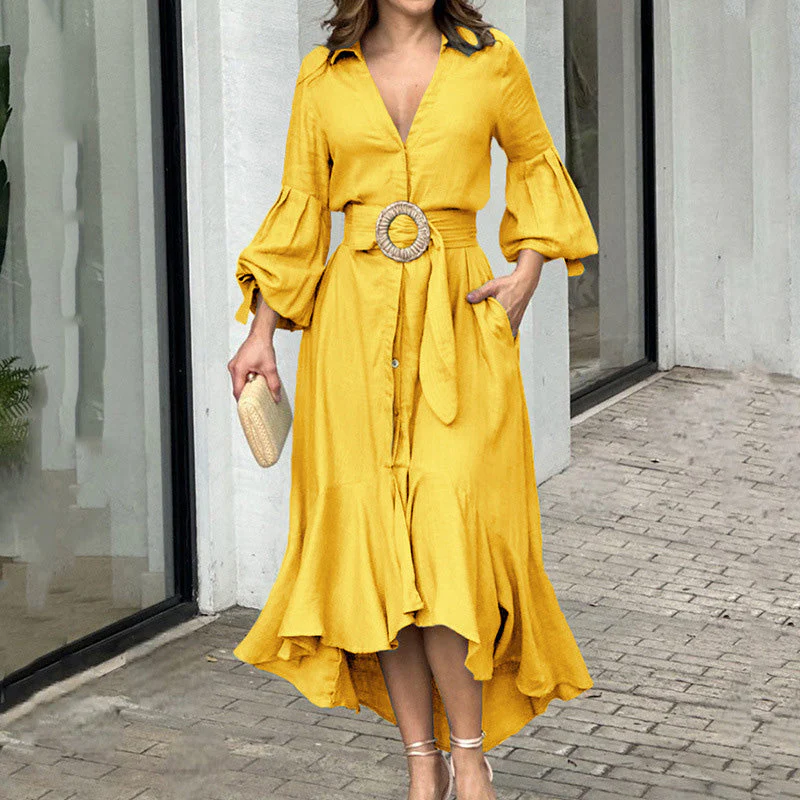 Women's V-Neck Waisted Dress with Irregular Hem - Image 2