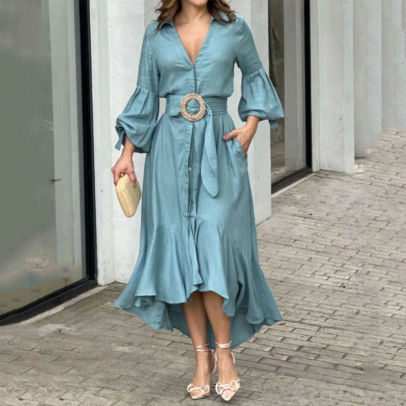 Women's V-Neck Waisted Dress with Irregular Hem - Image 4