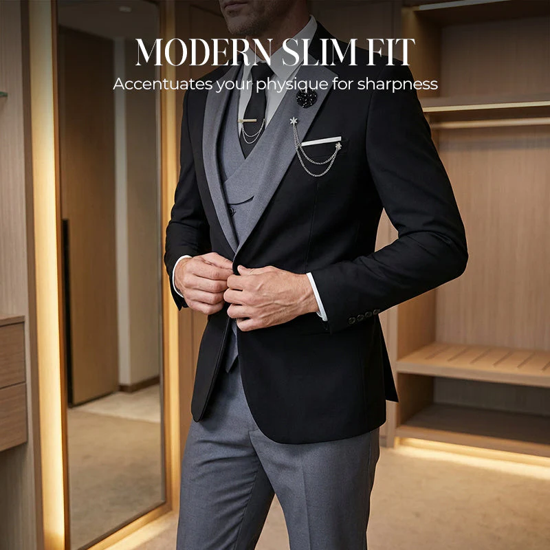 🧥New arrival 40% OFF!🤍 Modern Contrast Color Wedding Suit – 3-Piece Slim-Fit Set in Bold Black & Light Blue (8 Colors!) 👔 - Image 2