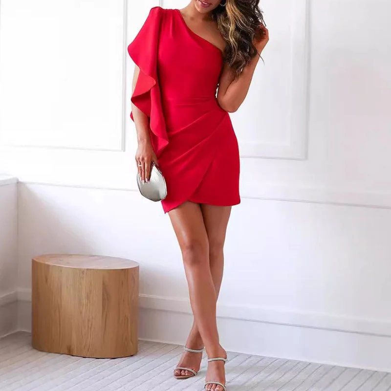 Women's One Shoulder Ruffle Sleeve Cocktail Dress - Image 14