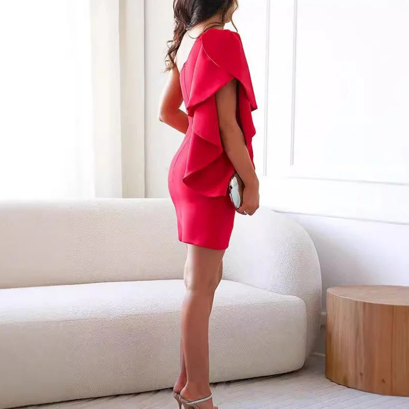 Women's One Shoulder Ruffle Sleeve Cocktail Dress - Image 3