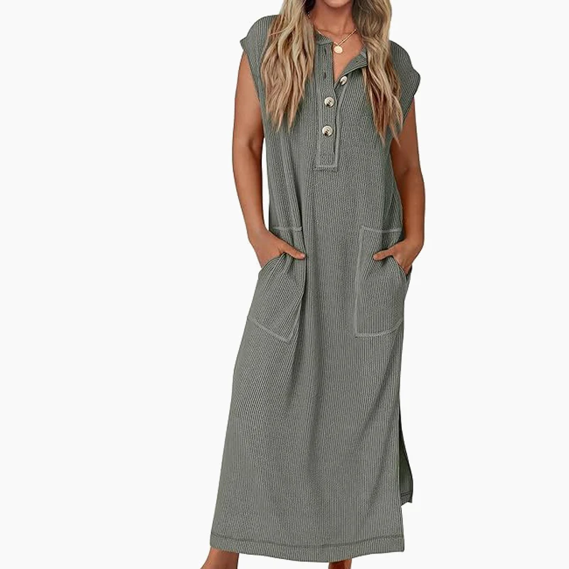 Women's Ribbed Knit Henley Maxi Dress - Image 10