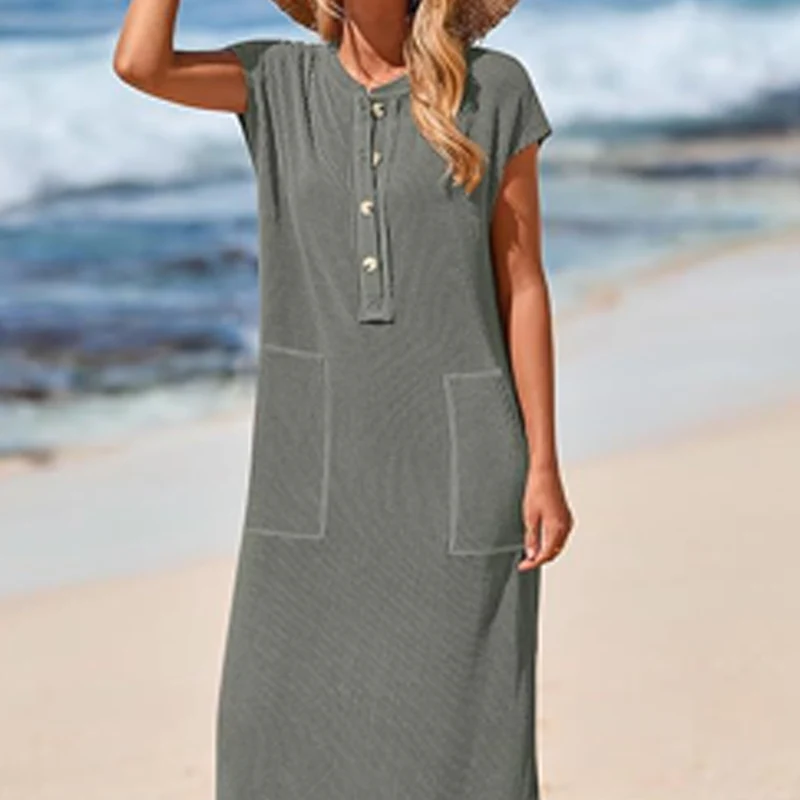 Women's Ribbed Knit Henley Maxi Dress - Image 2