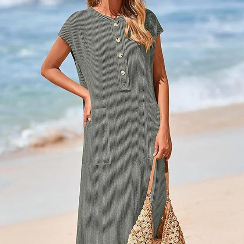 Women's Ribbed Knit Henley Maxi Dress - Image 3