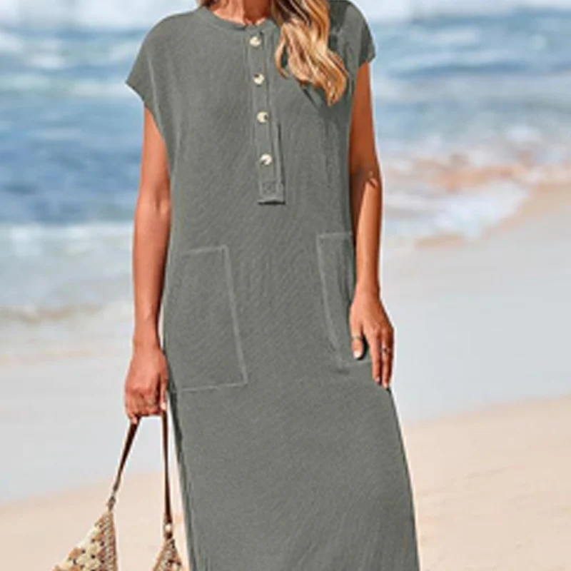 Women's Ribbed Knit Henley Maxi Dress - Image 4