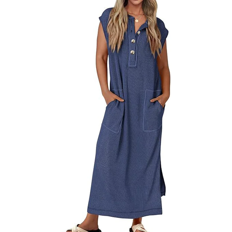 Women's Ribbed Knit Henley Maxi Dress - Image 5