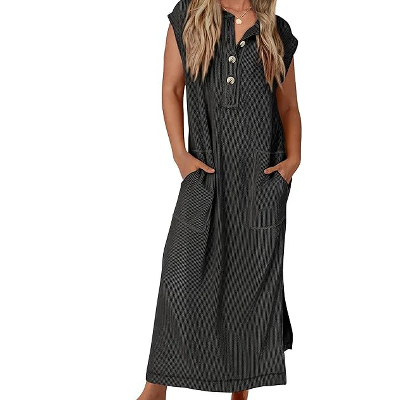 Women's Ribbed Knit Henley Maxi Dress - Image 6