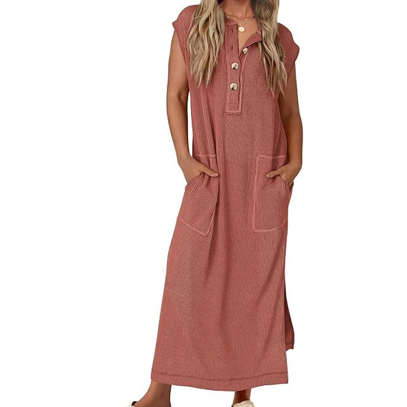 Women's Ribbed Knit Henley Maxi Dress - Image 7