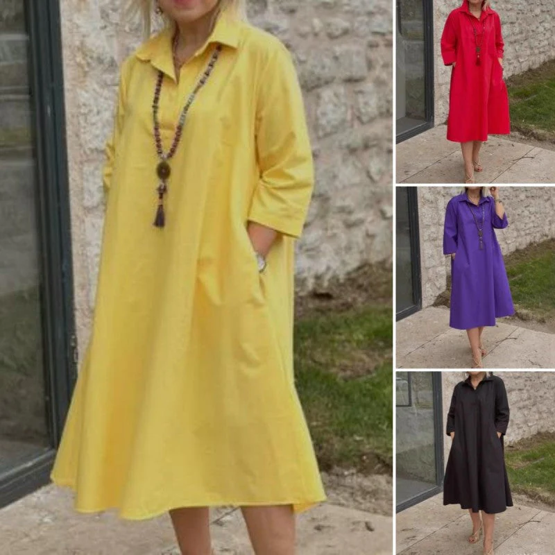 Women's Casual Solid Color Dress with Convenient Pockets