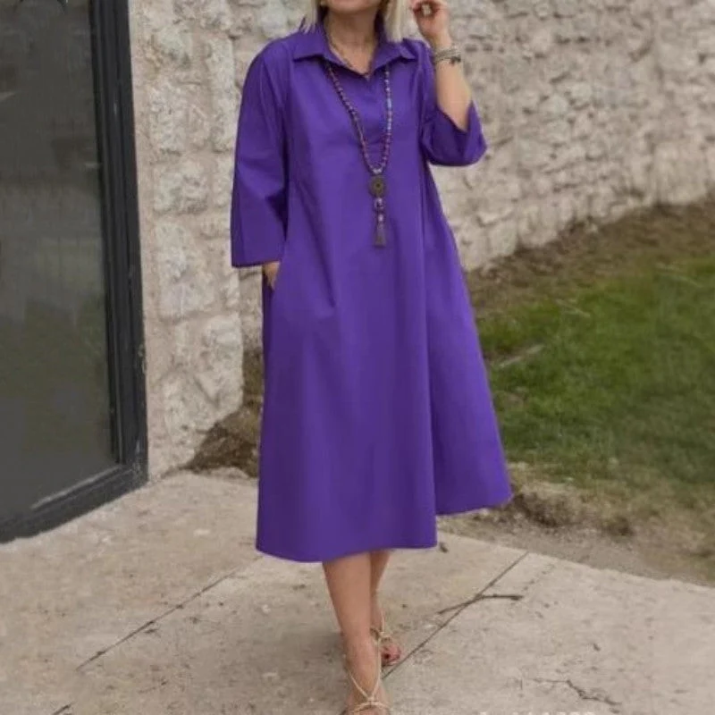 Women's Casual Solid Color Dress with Convenient Pockets - Image 2