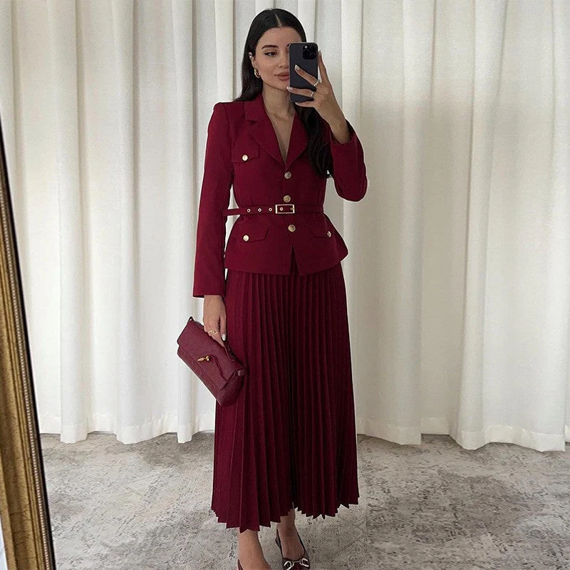 ✨New Arrival✨Women's Lapel Blazer & Pleated Maxi Skirt 2-Piece Set with Matching Belt - Image 2