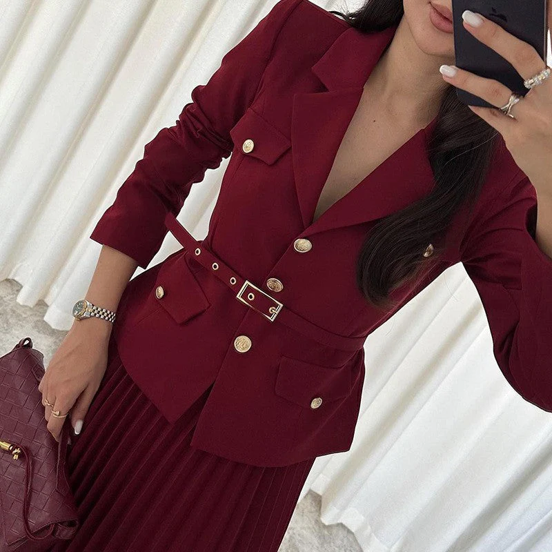 ✨New Arrival✨Women's Lapel Blazer & Pleated Maxi Skirt 2-Piece Set with Matching Belt - Image 3