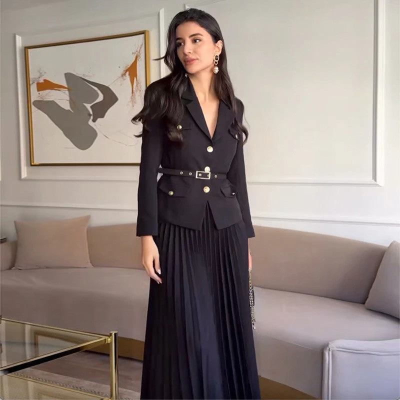 ✨New Arrival✨Women's Lapel Blazer & Pleated Maxi Skirt 2-Piece Set with Matching Belt - Image 4