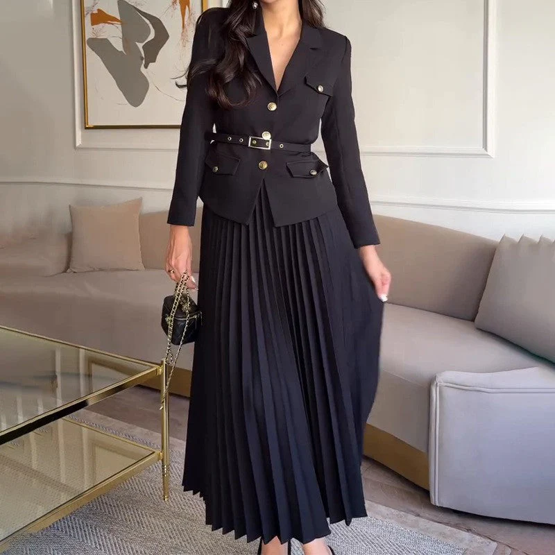 ✨New Arrival✨Women's Lapel Blazer & Pleated Maxi Skirt 2-Piece Set with Matching Belt - Image 5
