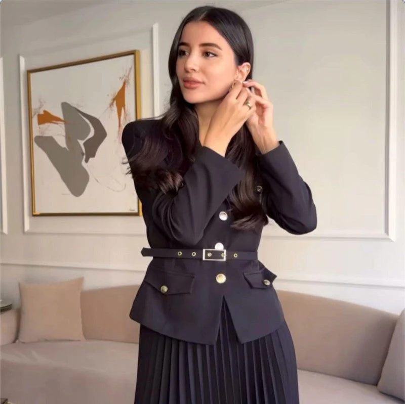 ✨New Arrival✨Women's Lapel Blazer & Pleated Maxi Skirt 2-Piece Set with Matching Belt - Image 6