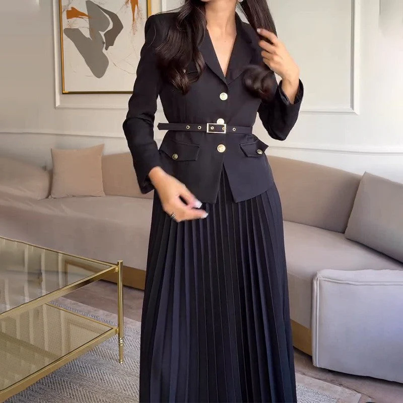 ✨New Arrival✨Women's Lapel Blazer & Pleated Maxi Skirt 2-Piece Set with Matching Belt - Image 7