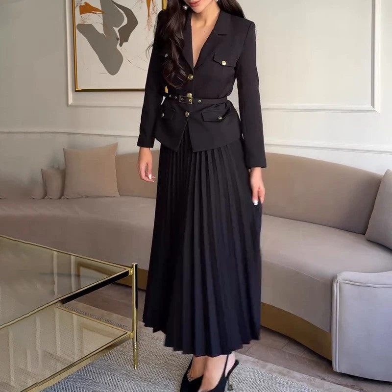 ✨New Arrival✨Women's Lapel Blazer & Pleated Maxi Skirt 2-Piece Set with Matching Belt - Image 8