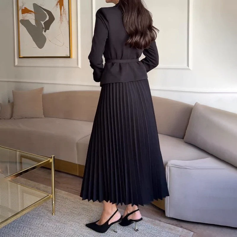 ✨New Arrival✨Women's Lapel Blazer & Pleated Maxi Skirt 2-Piece Set with Matching Belt - Image 9