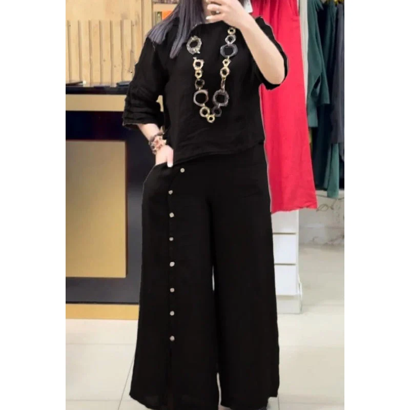 Women's Solid Color Casual 3/4 Sleeve Top Loose Button Pants 2-Piece Set - Image 2