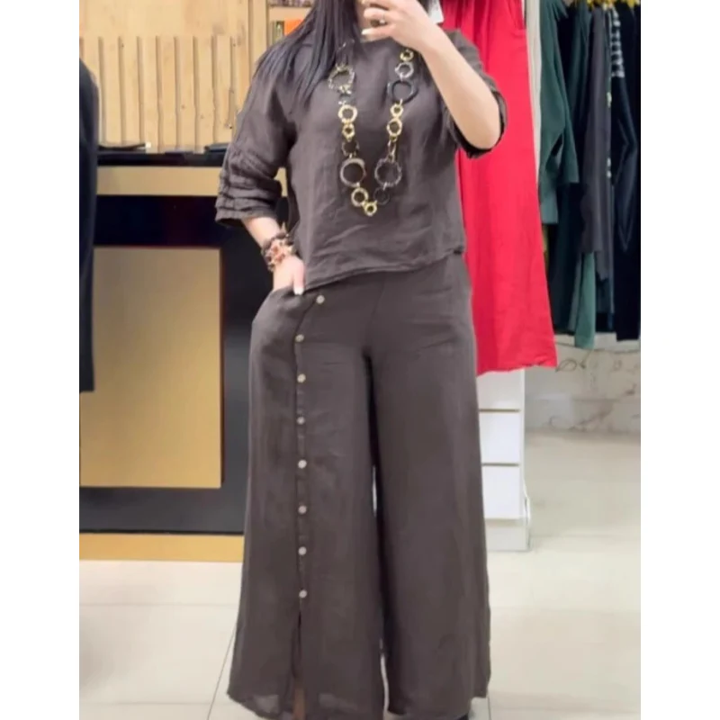 Women's Solid Color Casual 3/4 Sleeve Top Loose Button Pants 2-Piece Set - Image 9