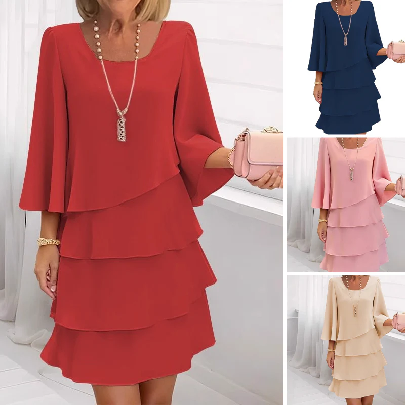 Women's Tiered Ruffle Dress with Flared Sleeves