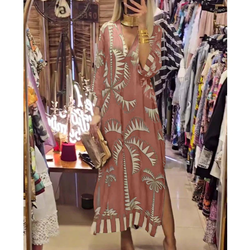Women's Vintage Coconut Tree Print Dress with 3/4 Sleeve & Split Hem - Image 3