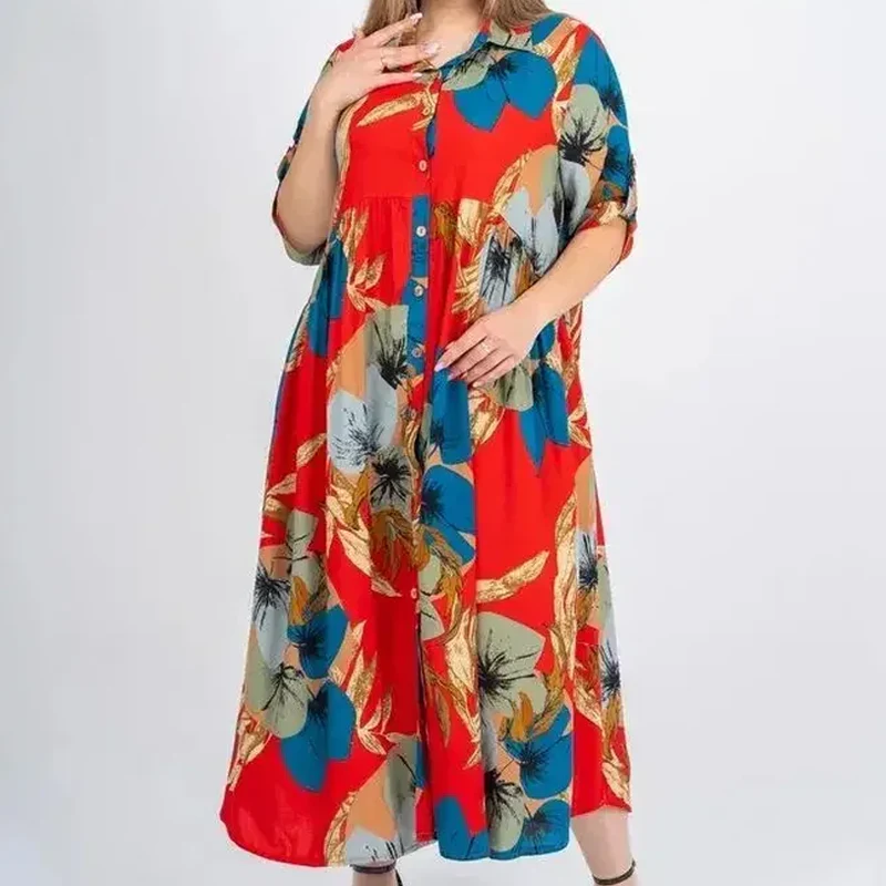 Women’s Loose Lapel Printed Button-Down Long Dress - Image 2