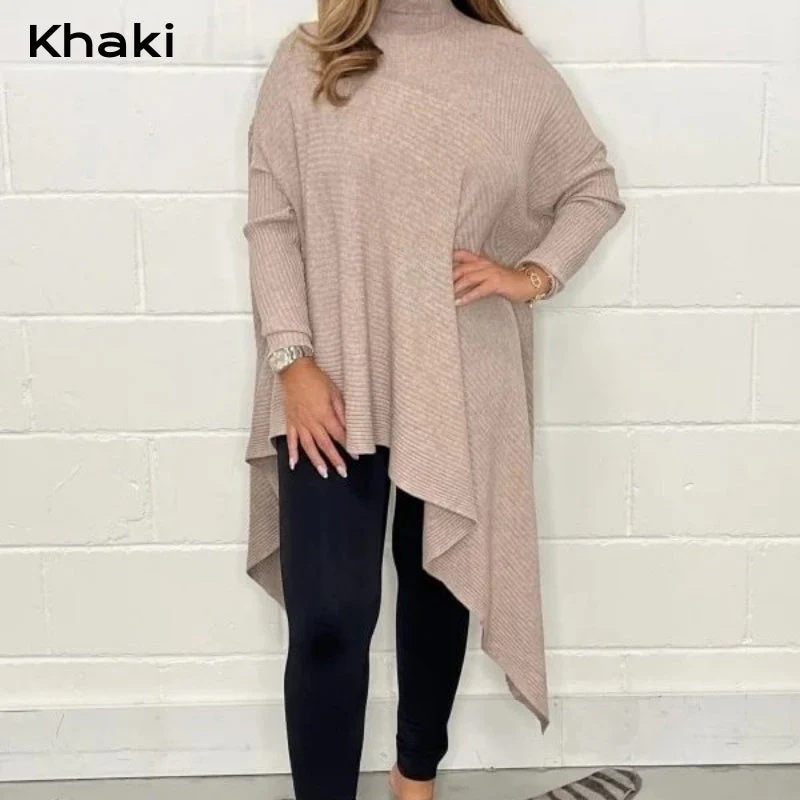Women's Casual Knit Solid Irregular Turtleneck Sweater - Image 12
