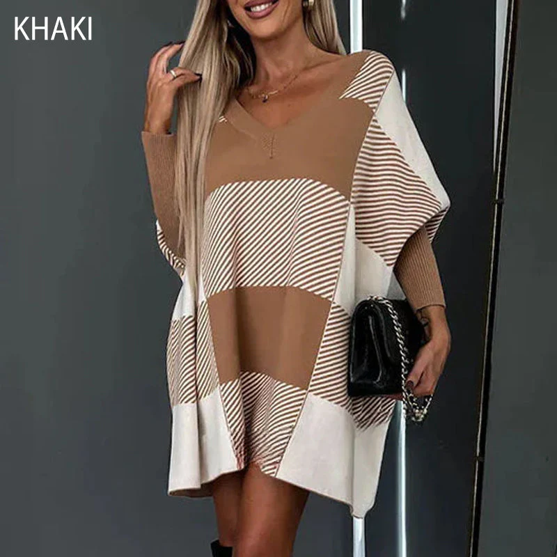 Women's Color Block Plaid Cape Loose Sweater - Image 10