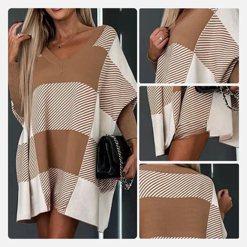 Women's Color Block Plaid Cape Loose Sweater - Image 3