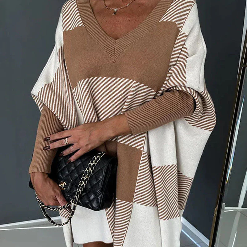 Women's Color Block Plaid Cape Loose Sweater - Image 5