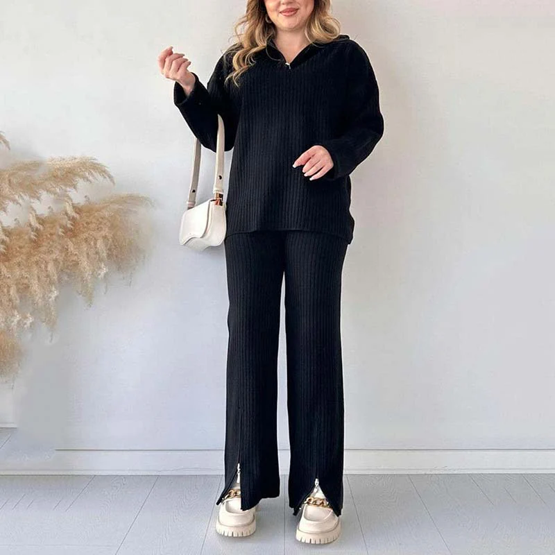 Women's Cozy Ribbed Knit Two-Piece Set with Slit-Leg Pants - Image 11