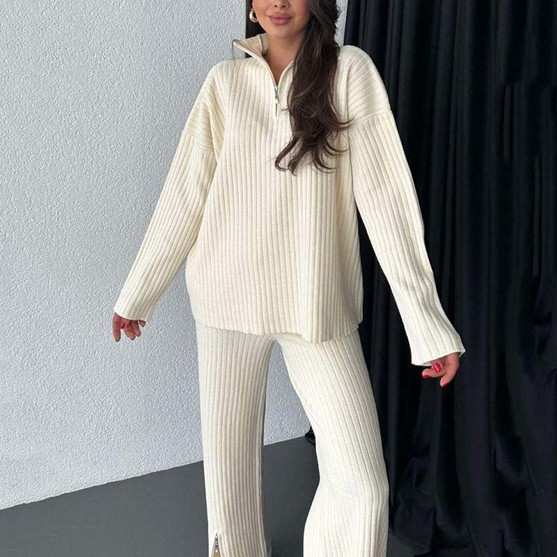 Women's Cozy Ribbed Knit Two-Piece Set with Slit-Leg Pants - Image 2