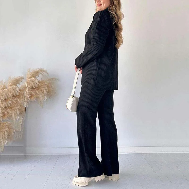 Women's Cozy Ribbed Knit Two-Piece Set with Slit-Leg Pants - Image 4
