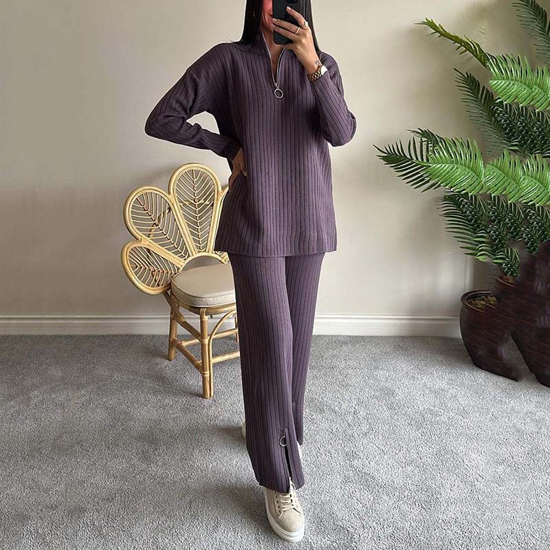 Women's Cozy Ribbed Knit Two-Piece Set with Slit-Leg Pants - Image 6