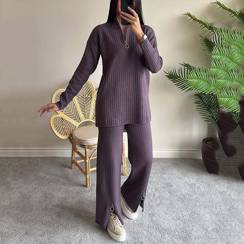 Women's Cozy Ribbed Knit Two-Piece Set with Slit-Leg Pants - Image 7