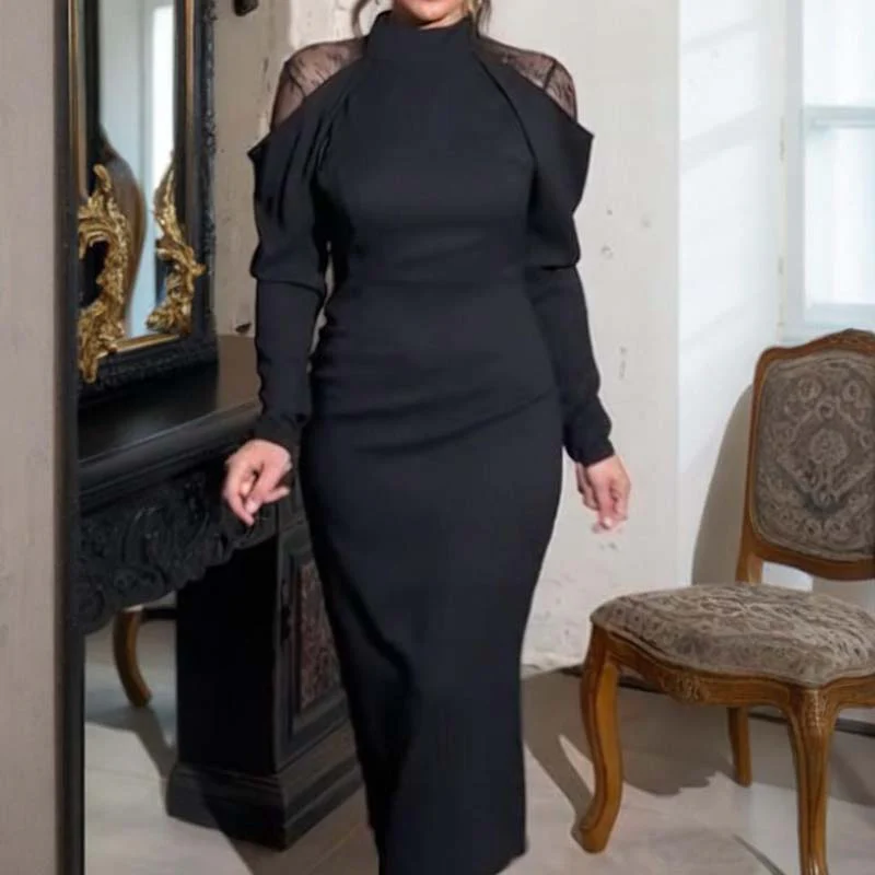 👗 [S-5XL] Versatile-Customized🔥Women's Elegant Mock Neck Lace Back Midi Dress - Image 2