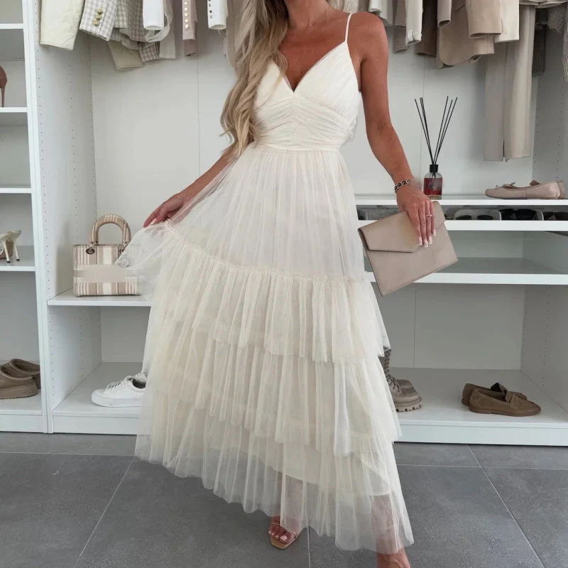 Women’s Elegant Spaghetti Strap Tiered Tulle Maxi Dress - Image 2