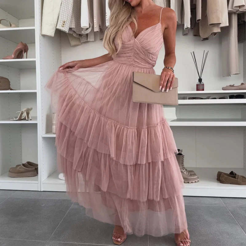 Women’s Elegant Spaghetti Strap Tiered Tulle Maxi Dress - Image 4