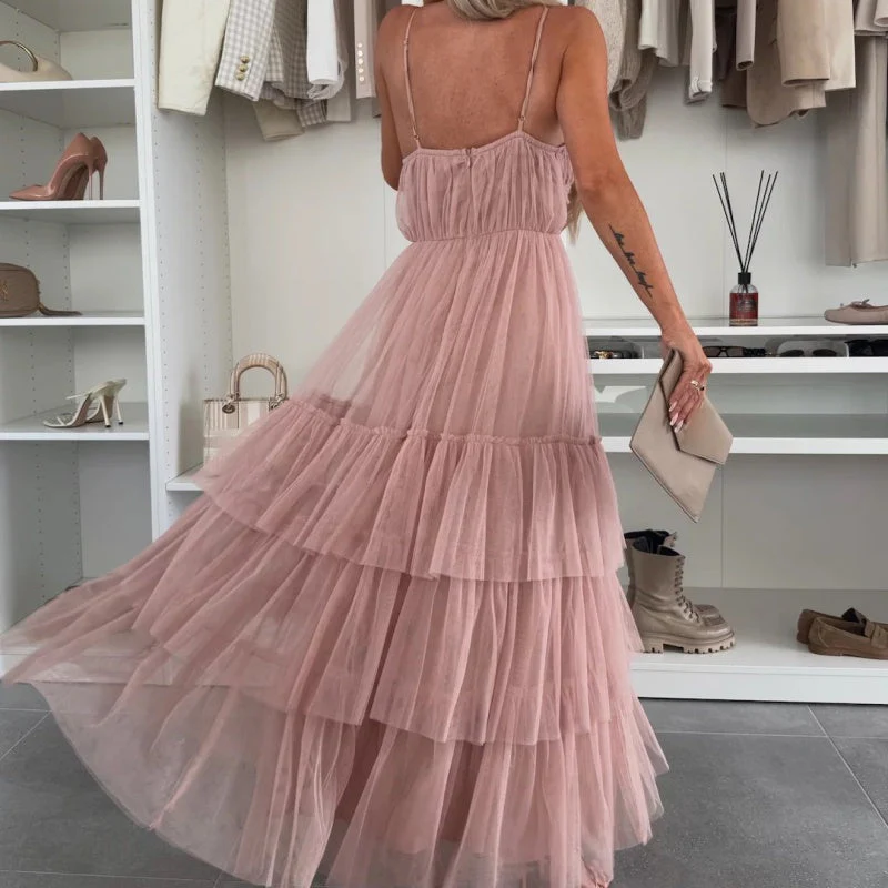 Women’s Elegant Spaghetti Strap Tiered Tulle Maxi Dress - Image 7