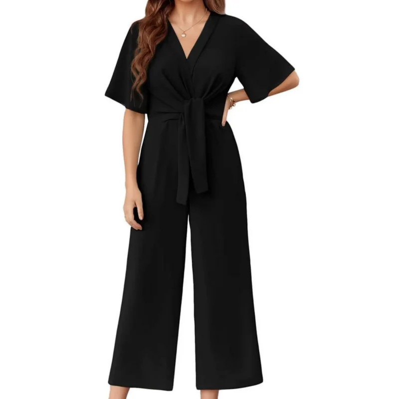 Women's Elegant V-Neck Wide Leg Waist Tie Jumpsuit - Image 2