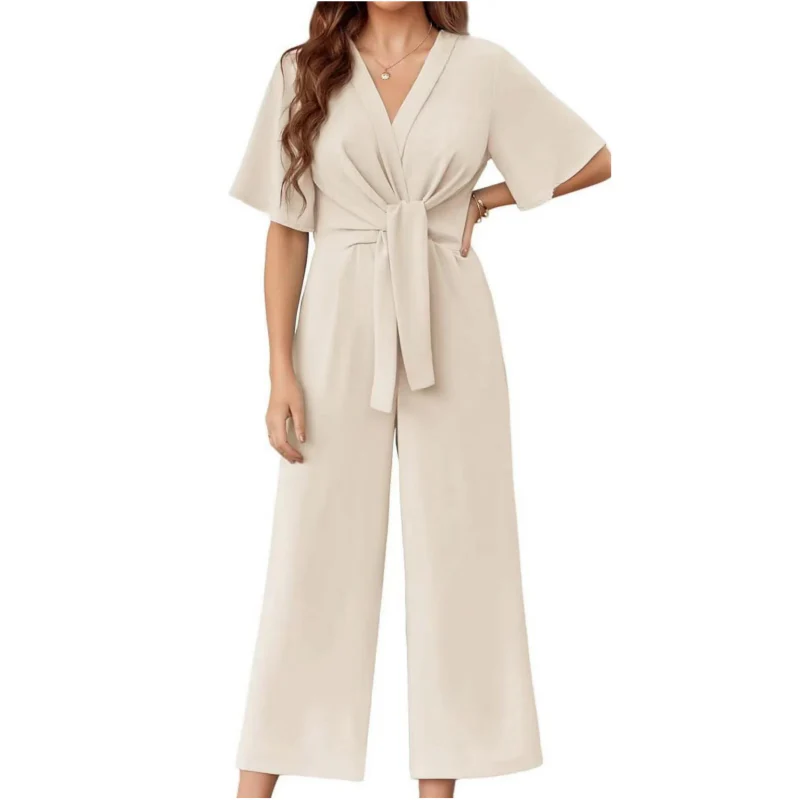 Women's Elegant V-Neck Wide Leg Waist Tie Jumpsuit - Image 3