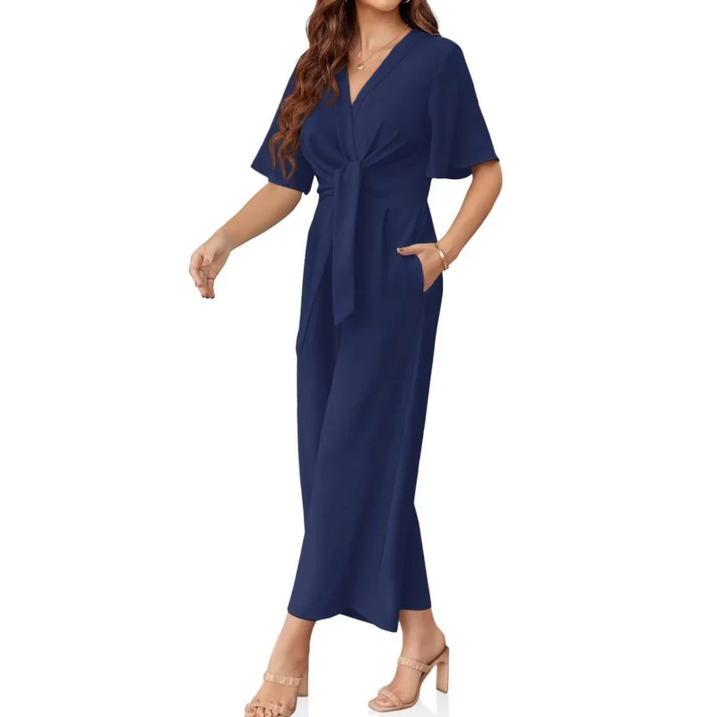Women's Elegant V-Neck Wide Leg Waist Tie Jumpsuit - Image 4