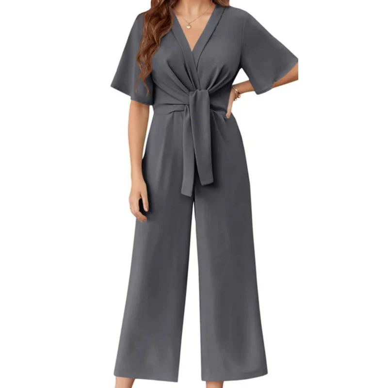 Women's Elegant V-Neck Wide Leg Waist Tie Jumpsuit - Image 5