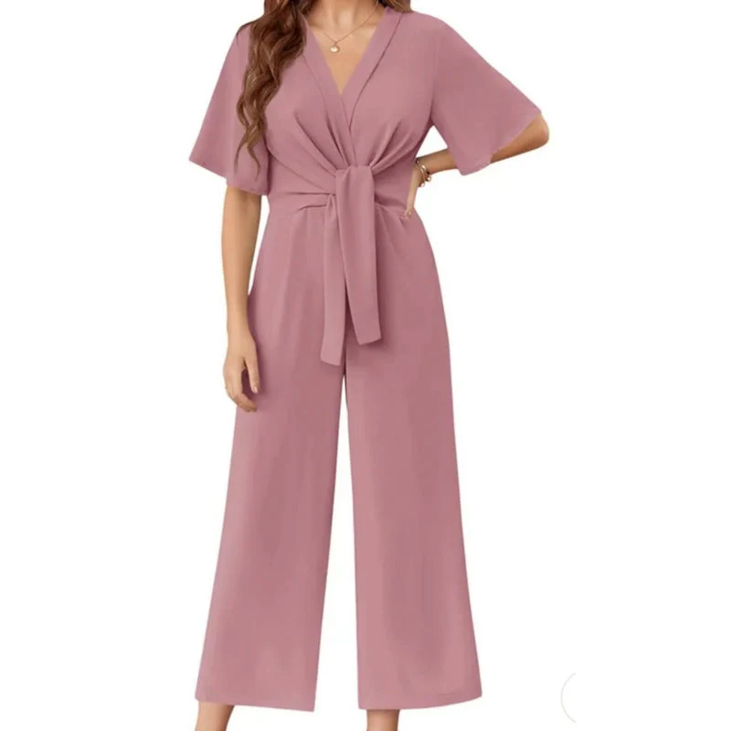 Women's Elegant V-Neck Wide Leg Waist Tie Jumpsuit - Image 6