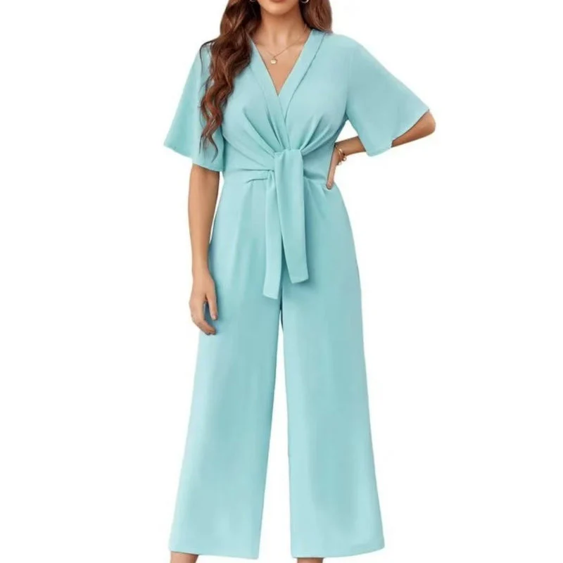 Women's Elegant V-Neck Wide Leg Waist Tie Jumpsuit - Image 7