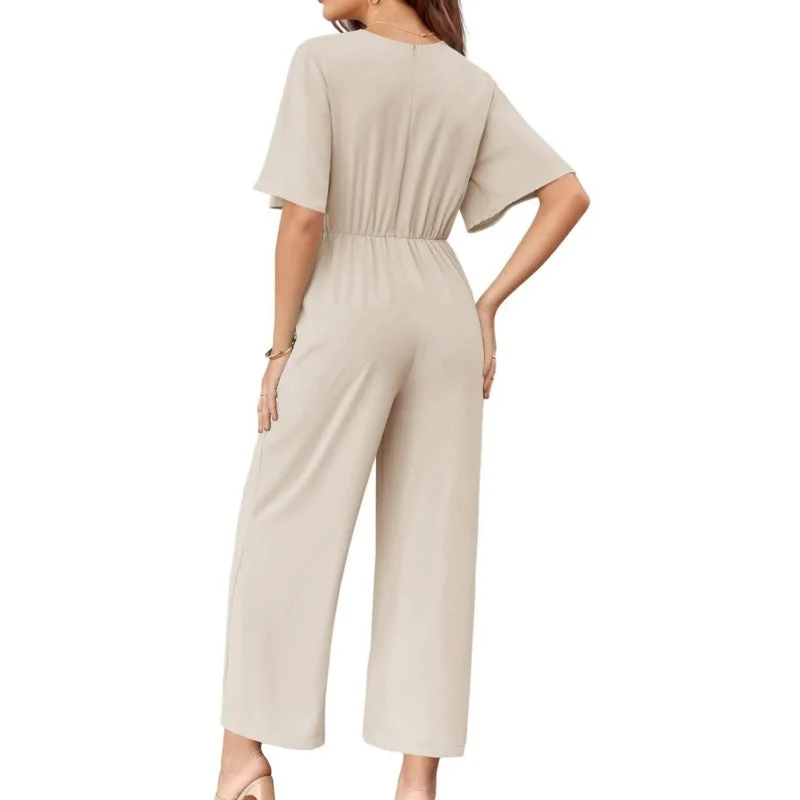 Women's Elegant V-Neck Wide Leg Waist Tie Jumpsuit - Image 8