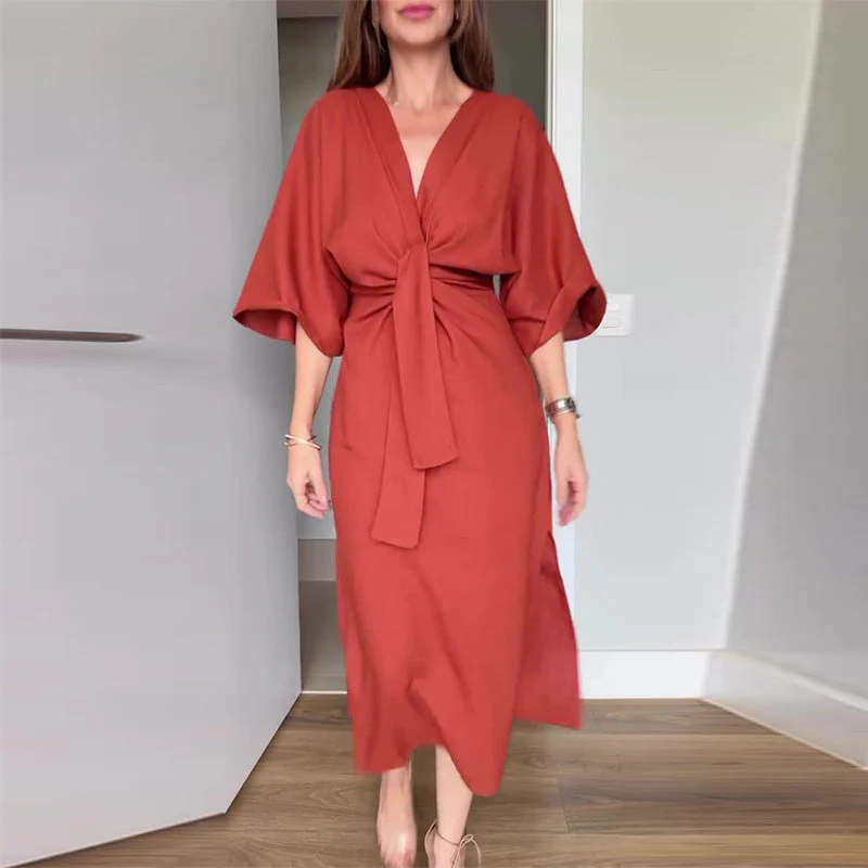 💃Women’s Elegant Waist Tie Side Slit V-Neck Dress